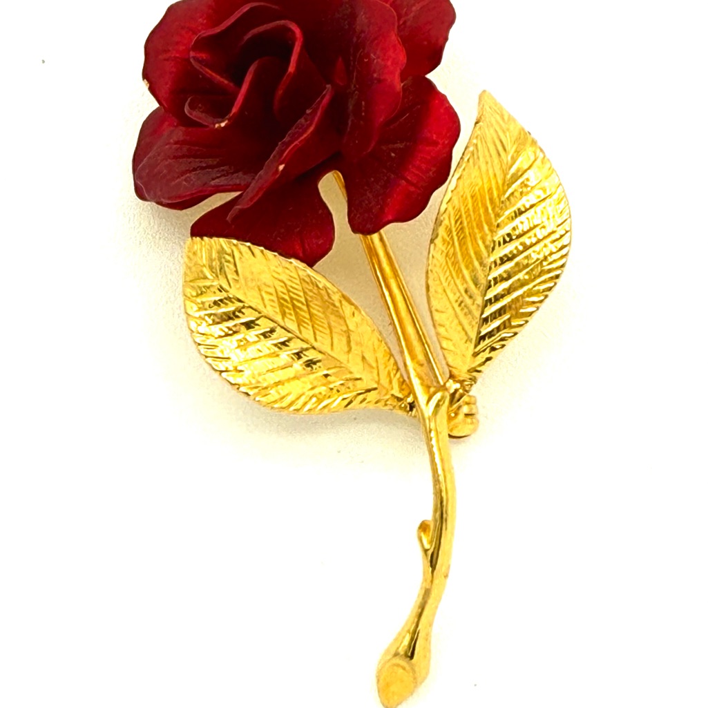Elegant Vintage 80’s Artisan Cerrito Red Rose Gold Brooch